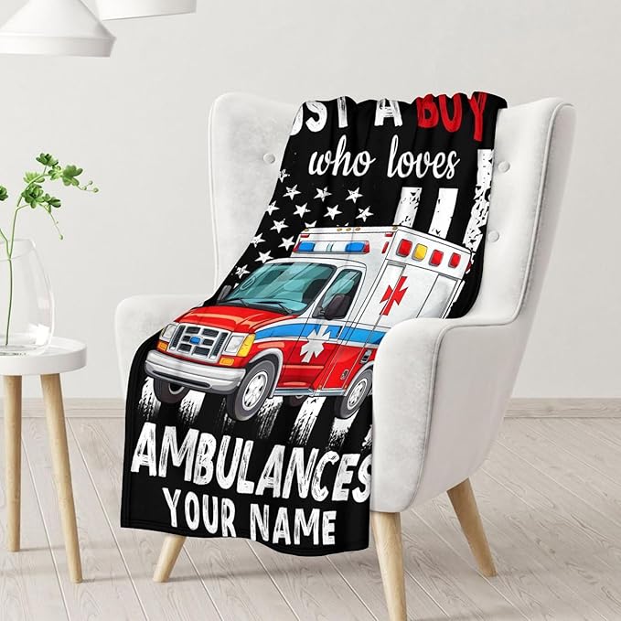Custom Ambulance Blanket for Boys, Cute Throw Blanket Gifts for Kids Truck Lovers, Personalized 60x80 Inches Black Soft Fuzzy Blankets for Sofa Couch Bed Travel