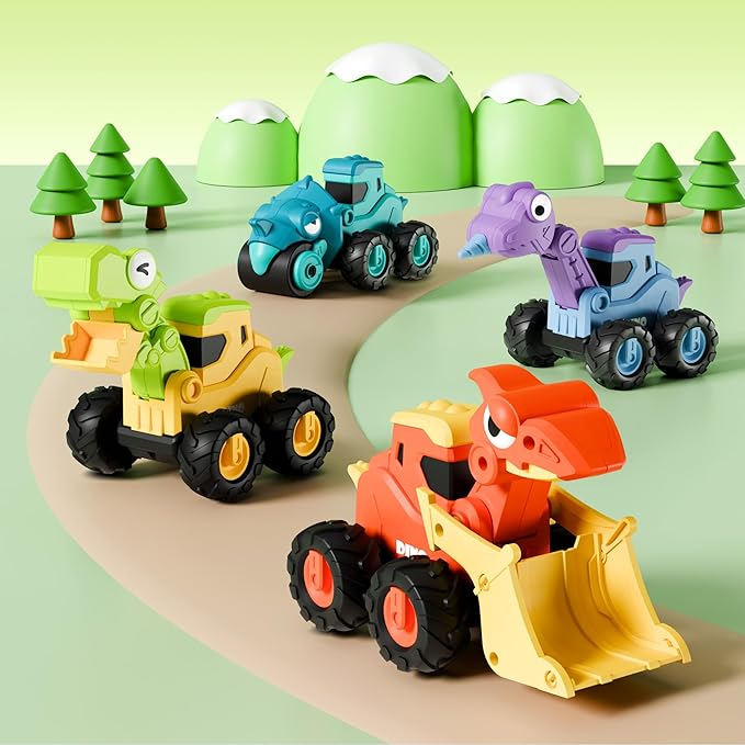iPlay, iLearn Dinosaur Truck Toys for Toddlers, Boys Dino Press Go Racing Cars, Kids Construction Sandbox Vehicles Playset, Baby Push Go Friction Car Set, Birthday Gift for 18 Months 2 3 4 5 Years Old
