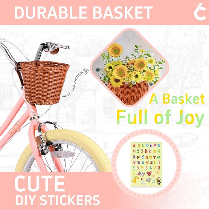 Girls Bike for Age 2-12 Years Old Kids Toddlers 12 14 16 18 20 Inches Retro Bicycles with Training Wheels Basket Bell Ring, Multiple Colors