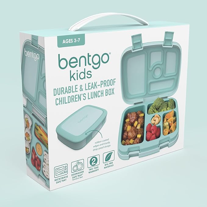 Bentgo Kids Bento-Style 5-Compartment Leak-Proof Lunch Box - Ideal Portion Sizes for Ages 3 to 7 - Durable, Drop-Proof, Dishwasher Safe, PFAS & BPA-Free & Made with Food-Safe Materials (Seafoam)