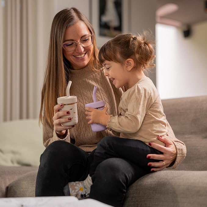 Pandaloo® Mason Jar Toddler Cup - 8 oz Spill-Proof Glass Tumbler with Silicone Straw and Lid, Non-Slip Sleeve, BPA-Free Toddler Snack Cups - Perfect Smoothie Cups with Lids and Straws for Kids