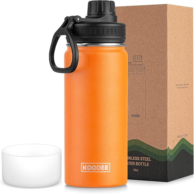 koodee Insulated Water Bottle, 18 oz Stainless Steel Double Wall Vacuum Wide Mouth Sport Bottle with Leakproof Spout Lid (Cosmic Orange)