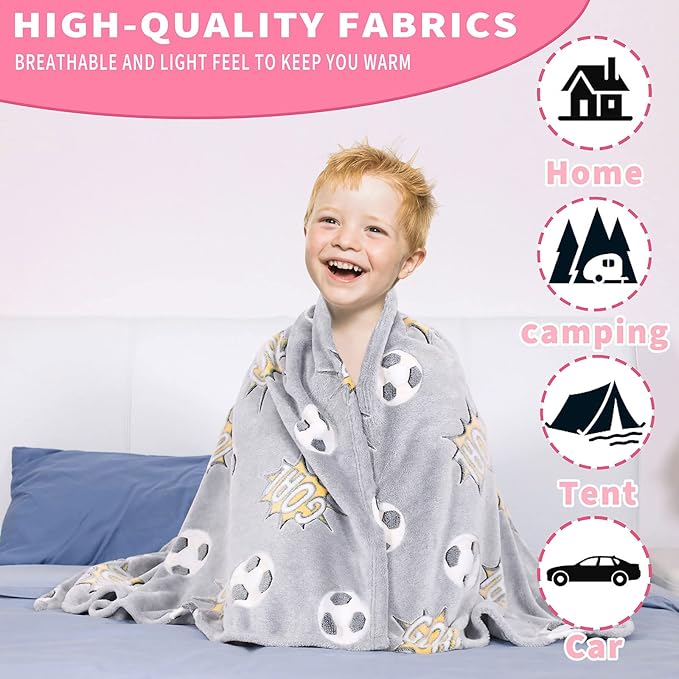 Soccer Glow in The Dark Blanket Sports Gifts for Kids Boys Teen Girls Christmas Birthday Easter Gift Fun Magical Decor Soft Plush Flannel Furry Fluffy Nap Sleep Throw Blanket Grey 60"x80"