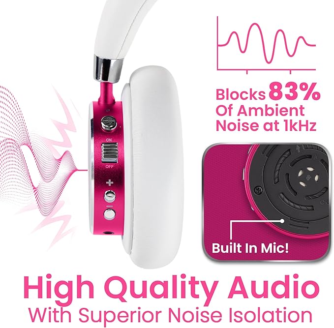 Puro Sound Labs Kids Wireless Headphones – Volume-Limiting 85dB, Built-In Mic, Studio-Grade Sound, 20-Hour Battery Life, Comfortable Fit & Easy to Connect Kids Bluetooth Headphones – BT2200 Plus, Pink