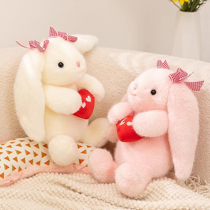 PEACH CAT Love Bunny Stuffed Animals Holds Red Heart 8" Cute Rabbit Plushies Soft Plush Toys Romantic Sweet Gifts for Girlfriends Kids Pink