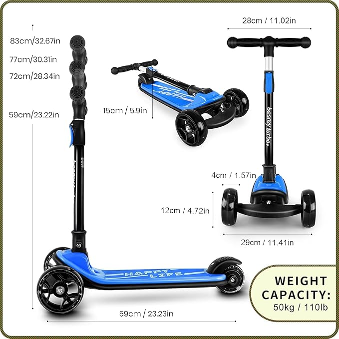 Besrey Kick Scooter for Kids Ages 3-10, 3-Wheel Folding Scooter with Adjustable Height, LED Light Wheels, Extra Wide Deck for Outdoor Activities
