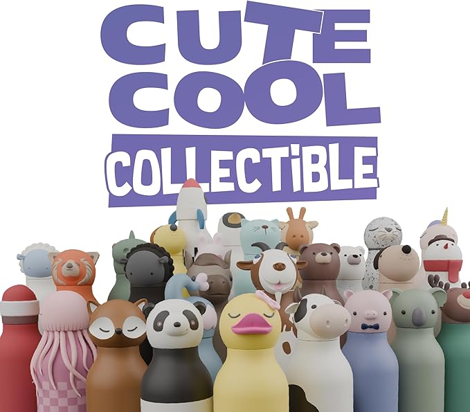 asobu Bestie Bottle Insulated Stainless Steel Water Bottle with Detachable Soft Animal Head Fun Drinking For Kids and Teens with Flexible Reusable Straw 16 Ounce (Cat)