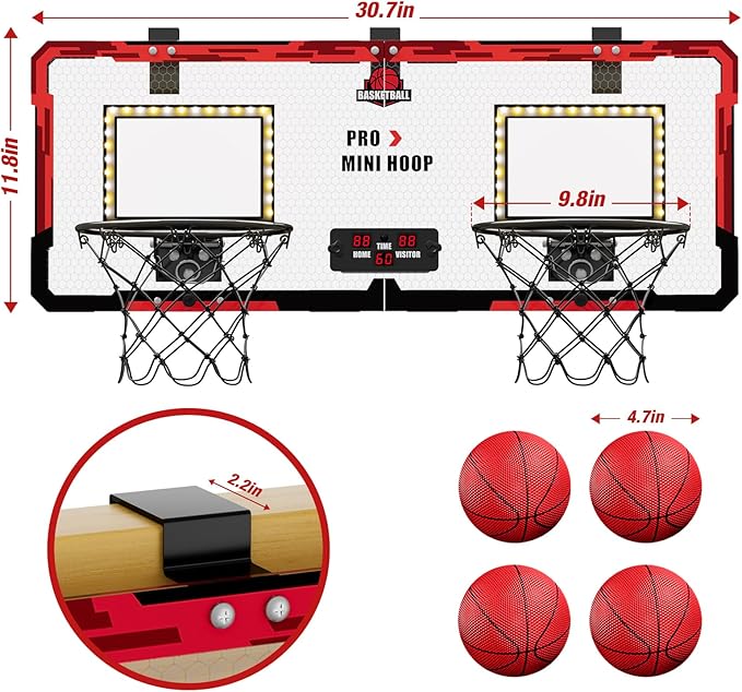 2 Player Basketball Game, Dual Shot Over The Door Mini Basketball Hoop Indoor with Scoreboard & LED, Basketball Toy Gifts for Kids Boys Girls Adults, Suit for Bedroom/Office/Outdoor/Pool, Red