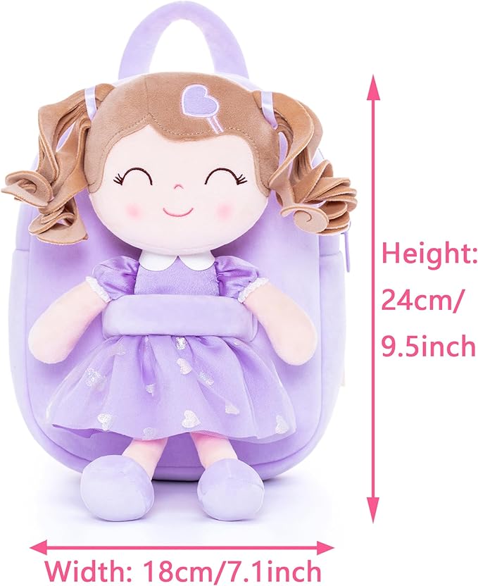 Gloveleya Back to School Gifts for Girls Toddler Backpack Baby Girls Gift Plush Bag Diaper Bag with Spring Girl Doll Curly Hair Girl Toys with Love Purple