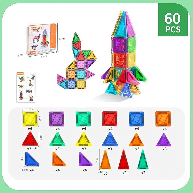 60PCS Mini Magnetic Tiles, Travel Toddler Toys Set, Magnetic Building Blocks, Portable STEM Kids Toys for 3-8 Years Old Boys Girls Birthday, Montessori Preschool Learning Sensory Toys