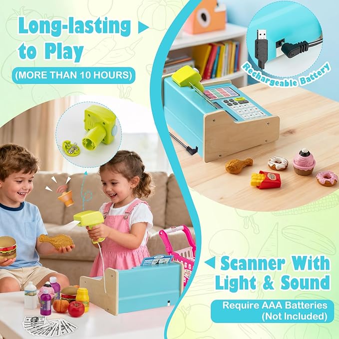 Wooden Cash Register for Kids with Shopping Cart Rechargeable Kid Cash Register with Scanner Gift for Kid Age 3 4 5 6 7 8 9 Year Old Pretend Play for Toddlers Toys for 3-12 Year Old Kids