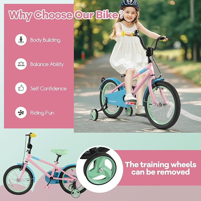 BABY JOY Colorful Macarons Kids Bike, 12 14 16 18 Inch Sporty Children's Bicycle with Training Wheels, Adjustable Handlebar & Saddle, Handbrake & Coaster Brake, Boys Girls Bike for 3-8 Years Old