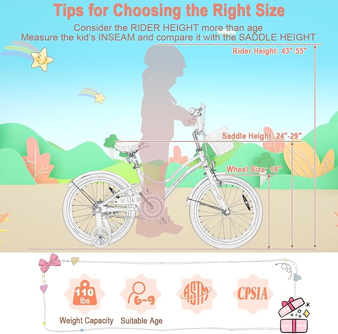 HONEY JOY Kids Bike, 12 14 16 18 20 Inch Toddler Bikes w/Training Wheels, Handbrake & Coaster Brake, Fully Enclosed Chain, Adjustable Handlebar & Seat, Kids Bicycle w/Basket, Girls Boys Bike 3-8