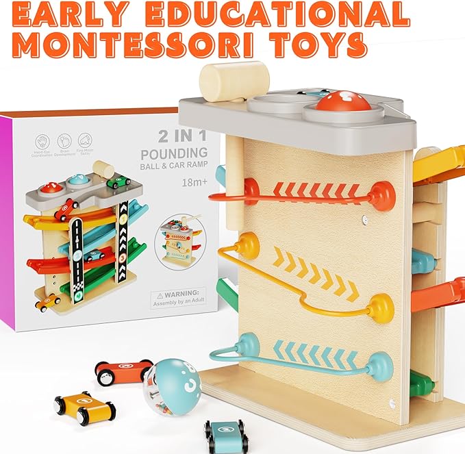 Toddler Toys for 1 Year Old Boy Girl 2 in 1 Pound Ball Toy & Car Ramp Race Track Learning Early Developmental & Educational Montessori Toys for Toddler 1-3 Year Old Birthday Gifts