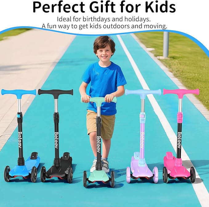 BELEEV Scooters for Kids 3 Wheel Kick Scooter for Toddlers Girls Boys, 4 Adjustable Height, Lean to Steer, Light up Wheels, Extra-Wide Deck, Easy to Assemble for Children Ages 3-12 (Rose Pink)