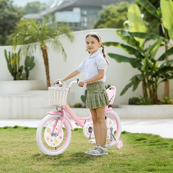 Girls Bike with Basket for Toddlers and Kids Aged 3-14 Years Old, 12 14 16 18 Inch with Training Wheels & Doll Seat, 20 Inch with Kickstand & Rear Rack, Princess Style Bicycle for Gift.