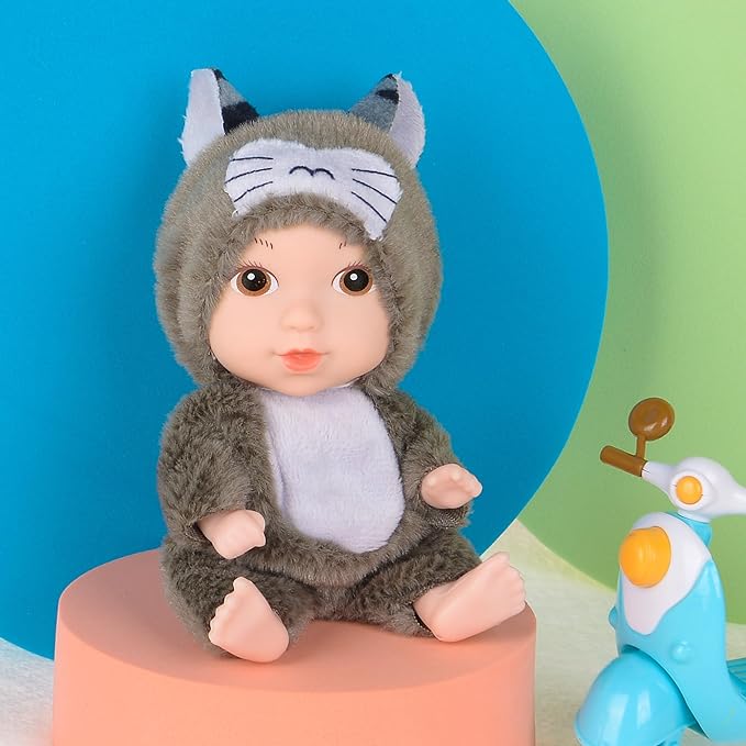 6 Pack 5 inch Baby Dolls-PVC Mini Figures with Cute Animal Outfits, Safe Toys for Kids, Collectible Display Stress Relief