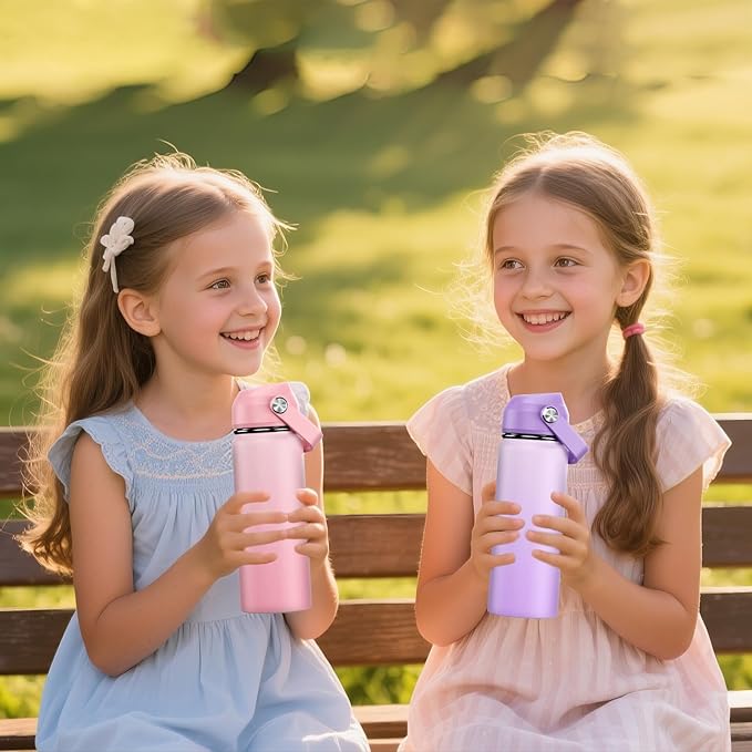 18oz Kids Insulated Water Bottle with Straw Lid - 18/8 Stainless Steel Kid Cup Travel Tumbler Double Wall Vacuum Leak Proof Portable Toddler Water Bottle (Pink+Purple)