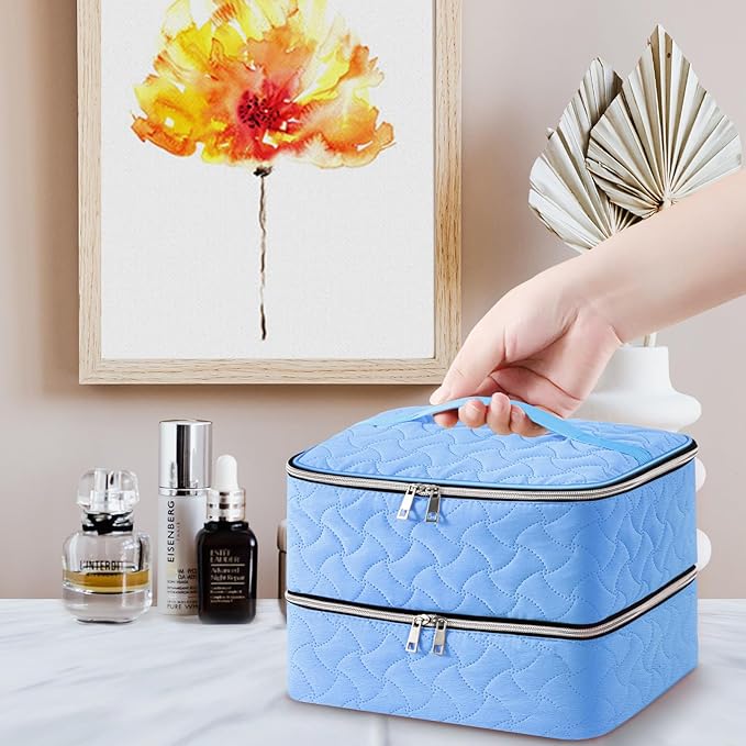 DreamGenius Nail Polish Organizer Case Holds 42 Bottles, Portable Double-Layer Nail Polish Storage Bag with Adjustable Dividers for Manicure Tools, Light Blue