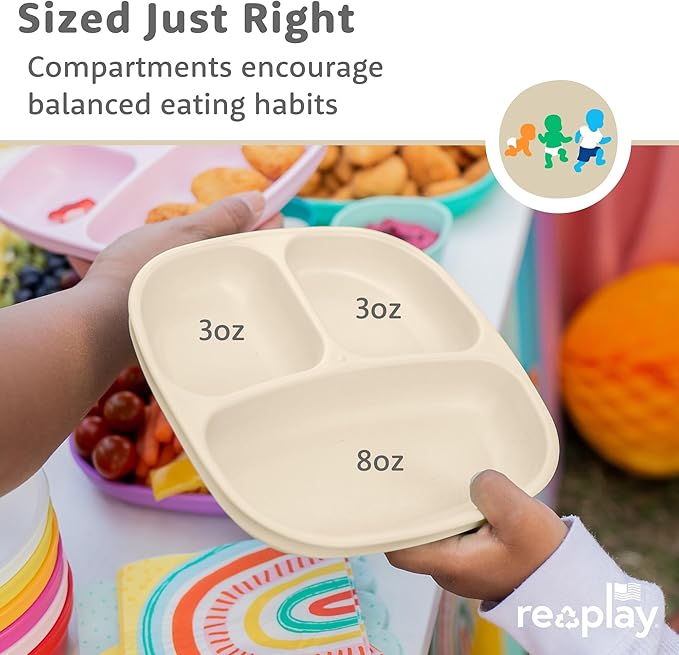 Re-Play Toddler Plates with Dividers - Deep-Walled 3 Compartments Divided Plates for Kids with 3 Lids - Dishwasher & Microwave Safe - Made in USA - Set of 3-7.37" x 7.37" x 1.25" - Seashell