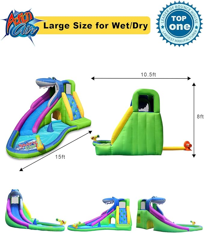 ACTION AIR Inflatable Waterslide-NO Blower Shark Bounce House for Kids, Wet and Dry Water Slide, 580W/0.8hp Air Blower Needed to Operate, Water Gun & Splash Pool Without Blower