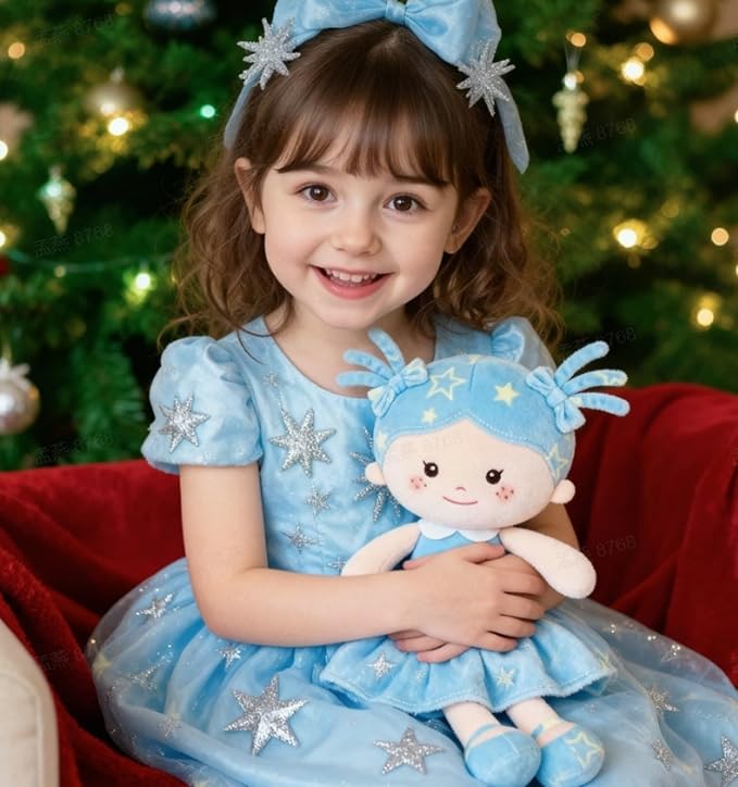 Onetoo First Baby Doll Plush Rag Doll Baby Girls Dolls Soft Baby Doll for Girls Wear Star Blue Sleeveless Dress 14"