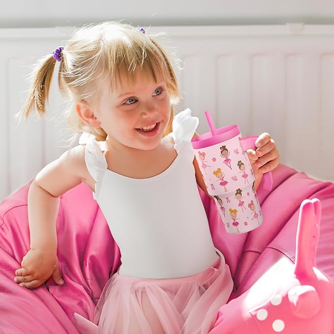 Ballerina Tumbler 20oz with Handle and Silicone Straw Lid for Kid, Insulated Stainless Steel Cup, Gift for Kids Girls, Gifts Idea for Birthday Christmas Back to School