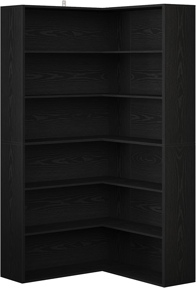 ANCTOR Corner Bookshelf, 6 Tiers Corner Bookcases with Baffles Etagere Shelf Storage Rack for Living Room Home Office, Black