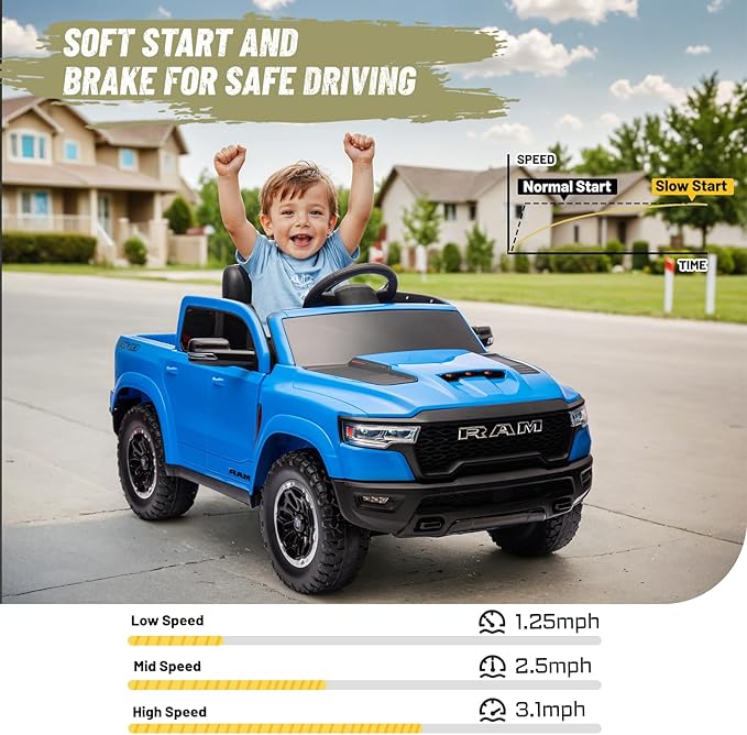 Ram 1500 RHO Ride on Car for Kids,12V Electric Truck Car with Remote,Kids Ride on Toy Car with Raised Windows,Safety Belt,Bluetooth,Music for Age 3-8 (Blue)