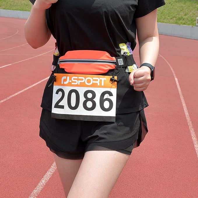 RJ-Sport Triathlon Belt with Pouch - Race Number Bib Holder with 6 Gel Loops, Ideal for Running, Cycling & Marathon (Orange)