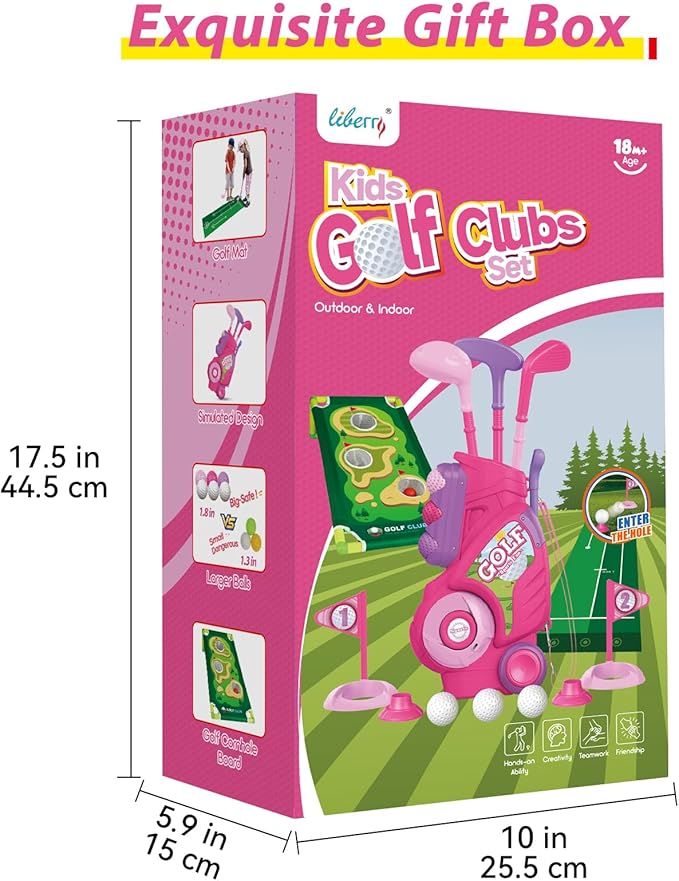 Liberry Toddler Golf Set for 2 3 4 Years Old Girls Boys, Upgraded Kids Golf Cart with Golf Cornhole Board & Putting Mat, Indoor and Outdoor Golf Christmas Toys Birthday Gift, Pink
