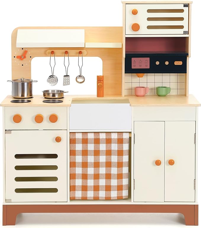 PairPear Wooden Play Kitchen for Kids, XL Large Toy Kitchen Playset with Coffee Maker, Fridge & Large Storage System, Pretend Toy Food Cooking Set Play Kitchen Accessory for Kids Ages 3+