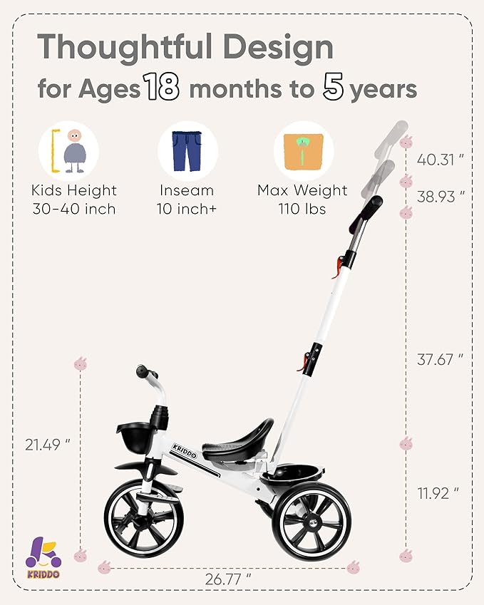KRIDDO 2-in-1 Toddler Tricycle for Ages 18 Months to 5 Years Old - Extended Push Handle for Effortless Push, Gift Trike for Toddler 3 to 5 Year, Kids Tricycle with Foldable Front Footrest, White