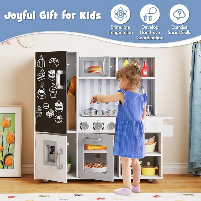 HONEY JOY Kids Kitchen Playset, Wooden Little Chef Pretend Play Kitchen Set w/Chalkboard & Water Dispenser, Lighted Stove, Storage Cabinet, Utensils, Play Kitchen for Toddlers, White + Silver