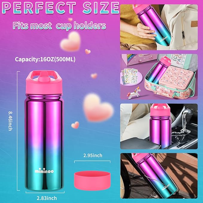 Mininoo Girls Water Bottle for School, 16oz Stainless Steel Insulated Metal Water Bottle with Straw Lid for Boys