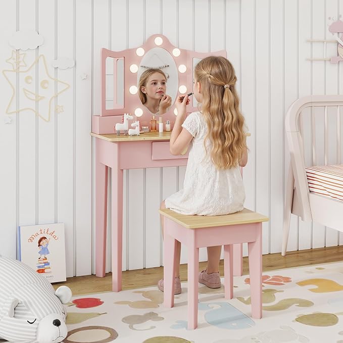 labebe Kids Vanity, Girls Vanity Desk with LED Changing Lights, Pretend Play Princess Vanity Set, Wooden Toddler Makeup Desk Dressing Table with Drawer and Chair (Pink)
