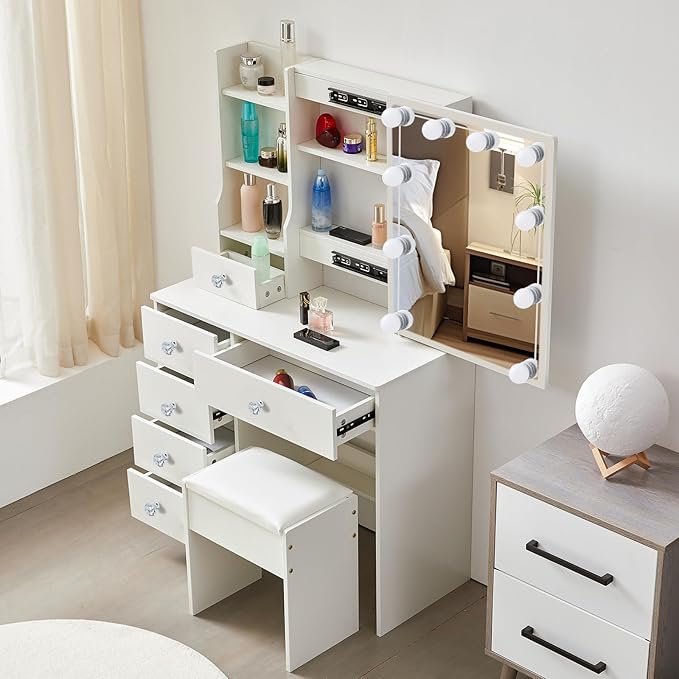 Hollywood Vanity Desk with Mirror and Drawers, Large Tabletop, 3 Color Modes Lighted Mirror Dressing Table, Makeup Vanity Set with Cushioned Stool for Girls and Women