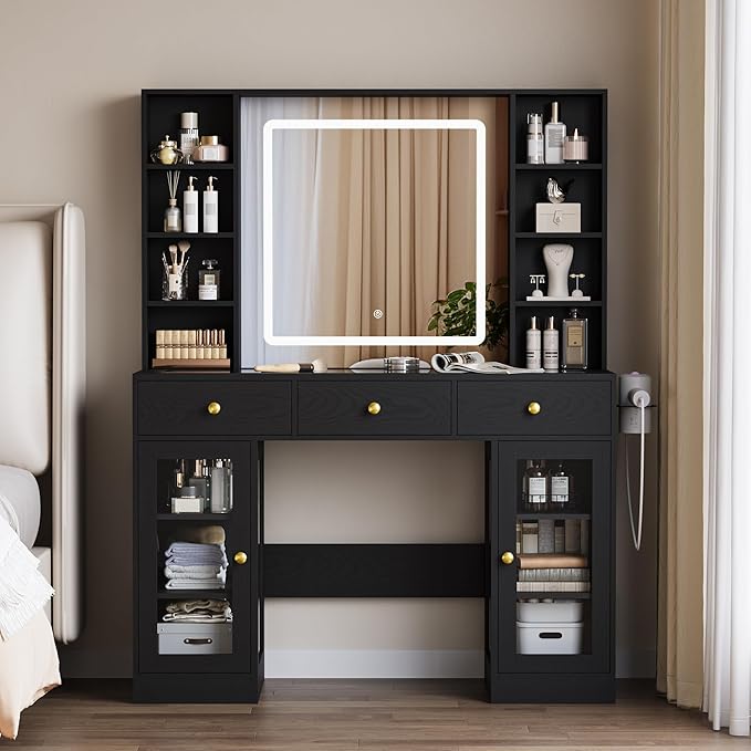 Vanity Desk with Mirror and Lights, White Makeup Vanity with Glass Top & Drawers, 3 Lighting Modes, Power Outlet, RGB Glass Cabinets, Modern Dressing Table for Girls, Women, Teens