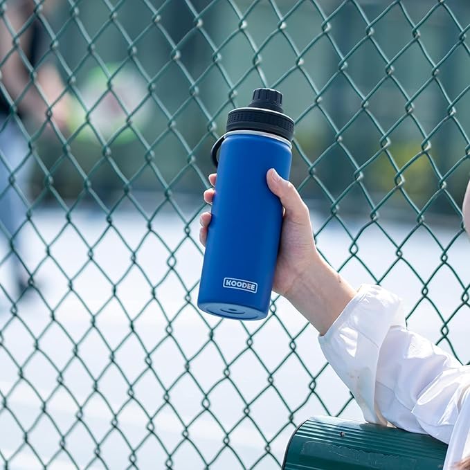 koodee Insulated Water Bottle, 22 oz Stainless Steel Double Wall Vacuum Wide Mouth Sport Bottle with Leakproof Spout Lid (Navy)