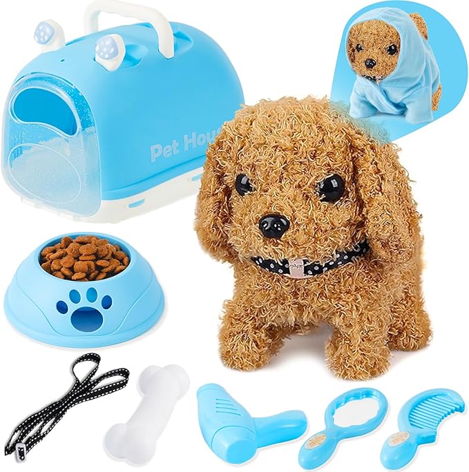 Dog Toys for Kids Girls, Walking and Barking Electronic Interactive Plush Puppy Toy Set and Pet Care Toy Set Accessories, Pretend Playset for Toddlers, Girl Role Play Gift for 3 4 5 6 Year Old