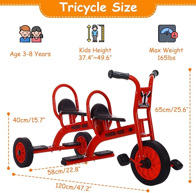 Kids Tricycle for Ages 3-8, Double Kids Trike Bike, Preschool Daycare Outdoor Tandem Bike with Airless Rubber Tires, Two-Seater and Non-Slip Pedals, Gift for Boys and Girls