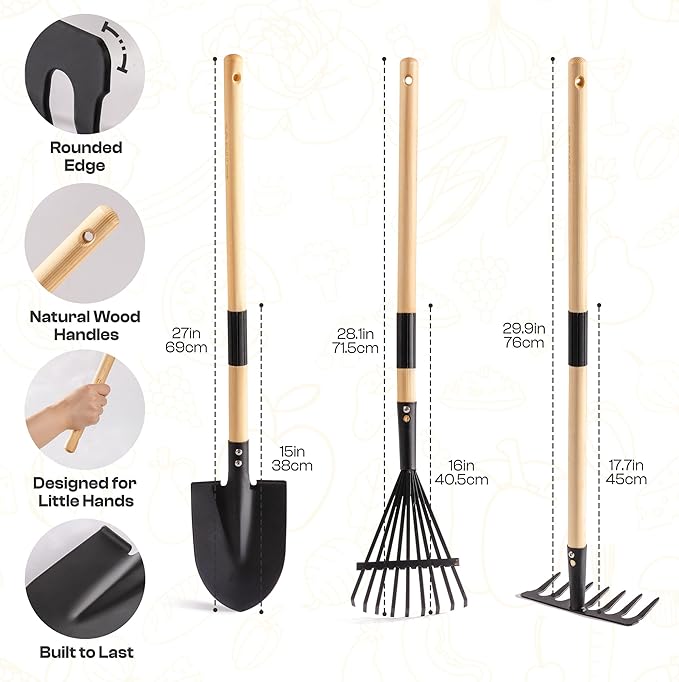 ROBOTIME Kids Wheelbarrow with Gardening Set – Metal Wheelbarrow Toddler Outdoor Play Toy with Garden Tools, Watering Can & Plant Labels, Pretend Play Yard Equipment for Boys and Girls (Grayish white)