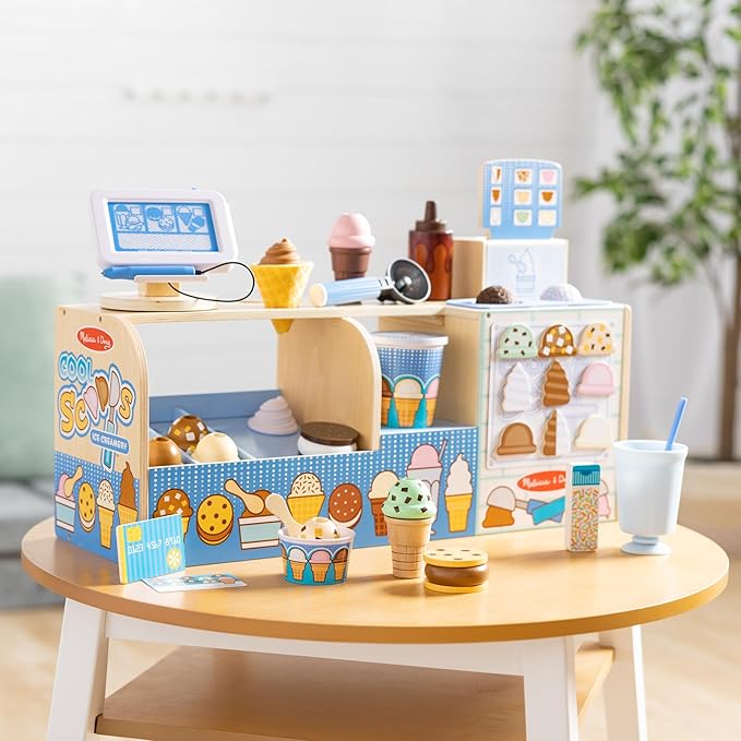 Melissa & Doug Cool Scoops Ice Creamery, Wooden Ice Cream Shop & Counter with Play Food & Play Kitchen Accessories, Preschool Learning Toys for Girls & Boys 3+ - FSC Certified