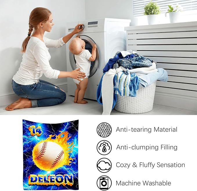 Custom Baseball Blanket with Name Personalized Basketball Throw Blanket for Sports Lovers for Couch Sofa Bed Decor (Boy-03)