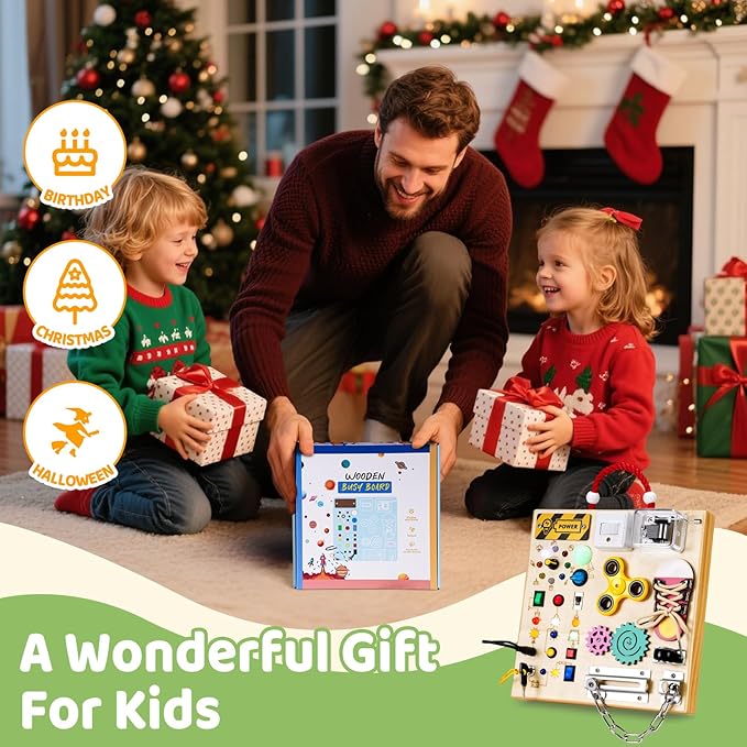 Montessori Wooden Busy Board Toys for 1 2 3 Years Old Boys Girls,Toddler Sensory Educational Fidget Board Travel Toy with LED Light Up Switches & Music Boxes, Locks for 1 to 6 Year Kids Gifts