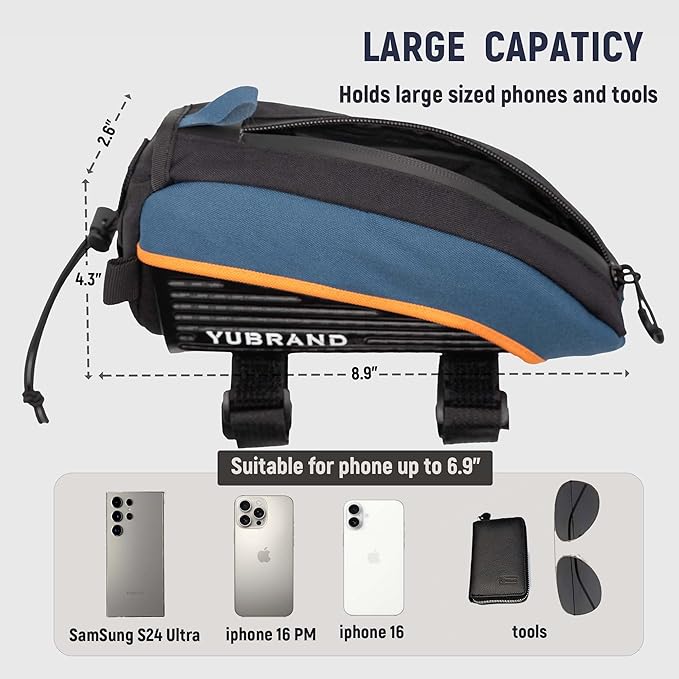 Removable Bike Frame Bag, Top Tube Bike Bag, Compatible With IPhone 16/15/14Pro and Phones Up To 6.9'', Waterproof, 1L, Blue, Geometric Pattern, 8.66 x 4.3 x 3.9 inches