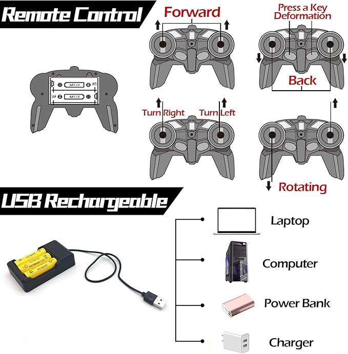AMENON Remote Control Car - Transform Robot Toys for Boys Teens, Rechargeable RC Car with Lights, 2.4Ghz RC Car 1:18 Rechargeable 360° Rotating Race Transform Car Birthday Gifts Party Favors for Kids