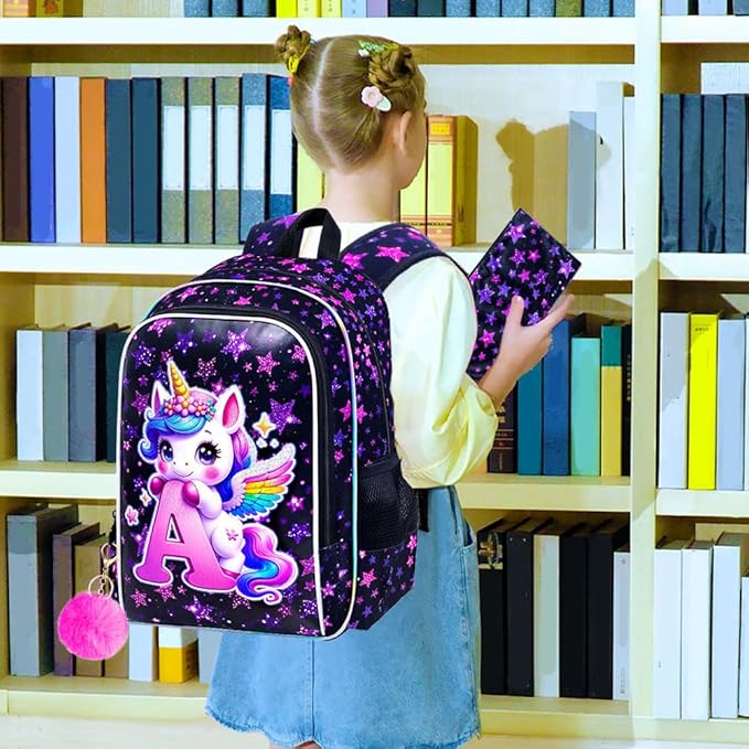 CCJPX 3Pcs Unicorn Backpack, 16” Girls Bookbag with Lunch Box, Kids Water Resistant Elementary School Bag for Kindergarten Preschool Toddler (Black)
