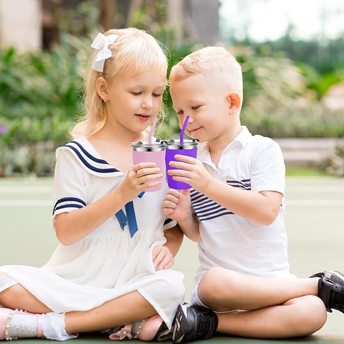 Stainless Steel Kids Cups with Lids and Straws Leakproof, 2 Pack 12oz Spill Proof Cups for Toddlers Kids Tumblers Unbreakable Sippy Cup with Straws for School, Outdoor (Pink & Purple)