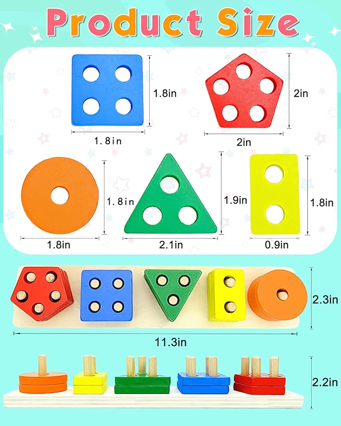 Montessori Toys for 1 2 Year Old Boys Girls, Toddler Toys for Age 1-2,1 2 Year Old Birthday Gifts, Wooden Blocks Sorting & Stacking Education Learning Toddler Puzzles Toy